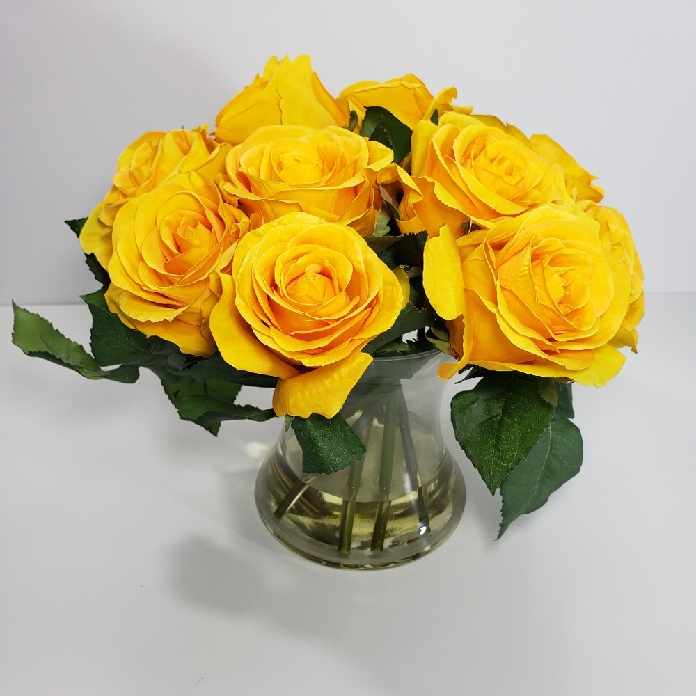 Faux 12 Yellow Roses in Round Vase